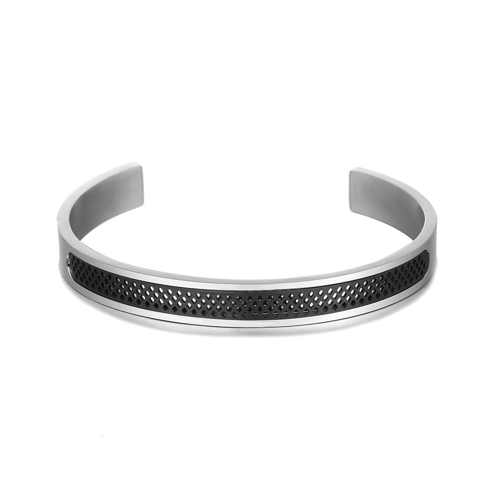 Punk Vintage Geometric Hollow Mesh Plated Stainless Steel Open Cuff Bracelet for Men and Women