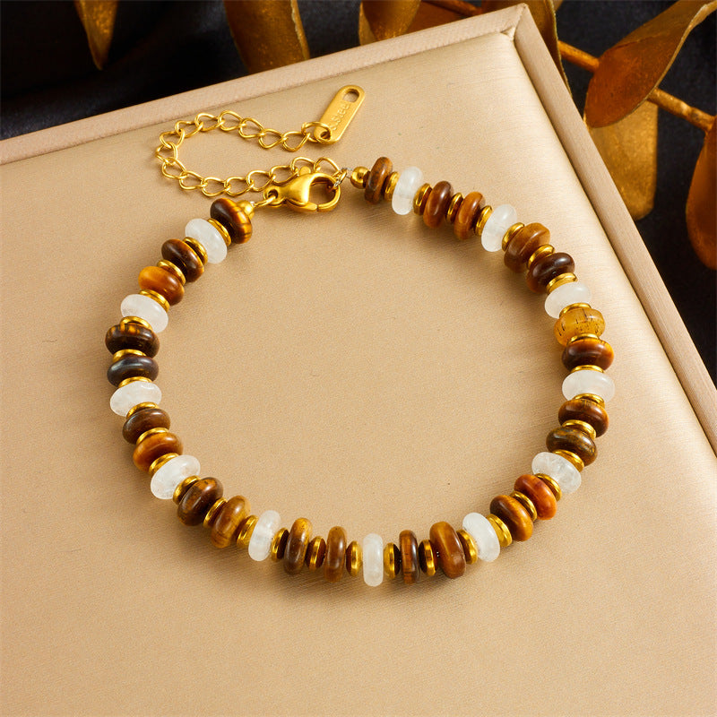 Vintage Resin Tiger Eye Agate Beaded Stainless Steel Plated Necklace and Bracelet Set for Women