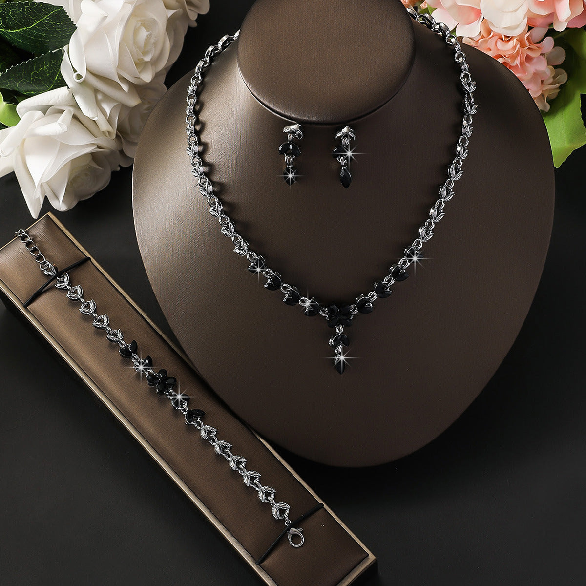 Ethereal Floral Collar Necklace Set with Rhinestone Inlay for Women - Matching Bracelet and Stud Earrings for Party and Evening Wear