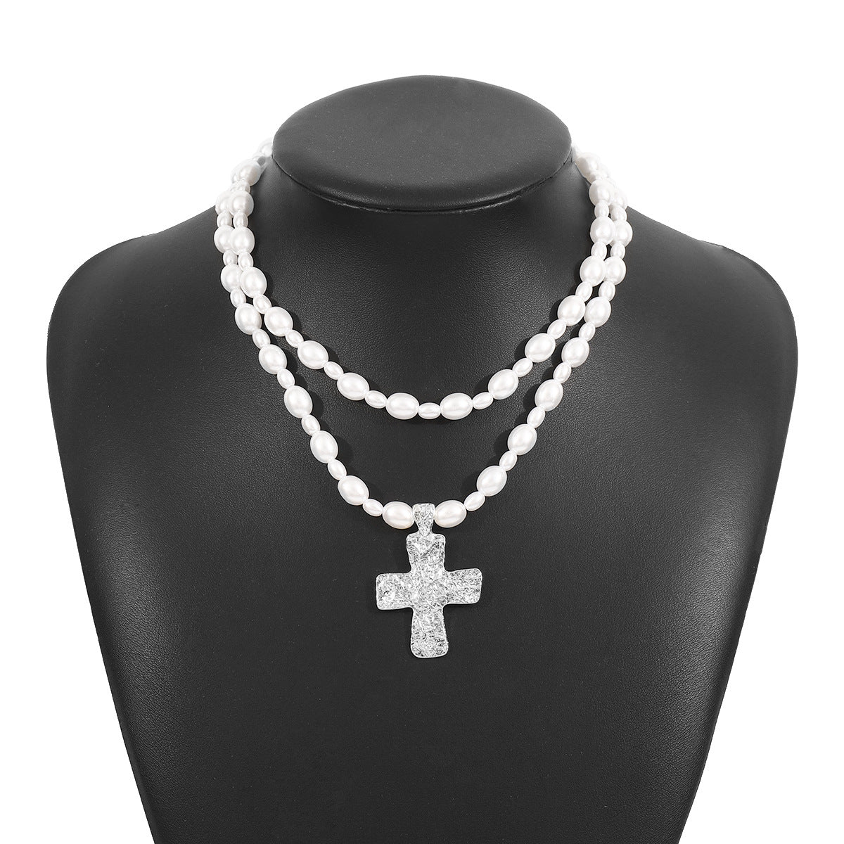 Collar con colgante de cruz de estilo vintage francés con aleación y detalles de perlas simuladas, diseño geométrico, cadena de clavícula de doble capa para mujer