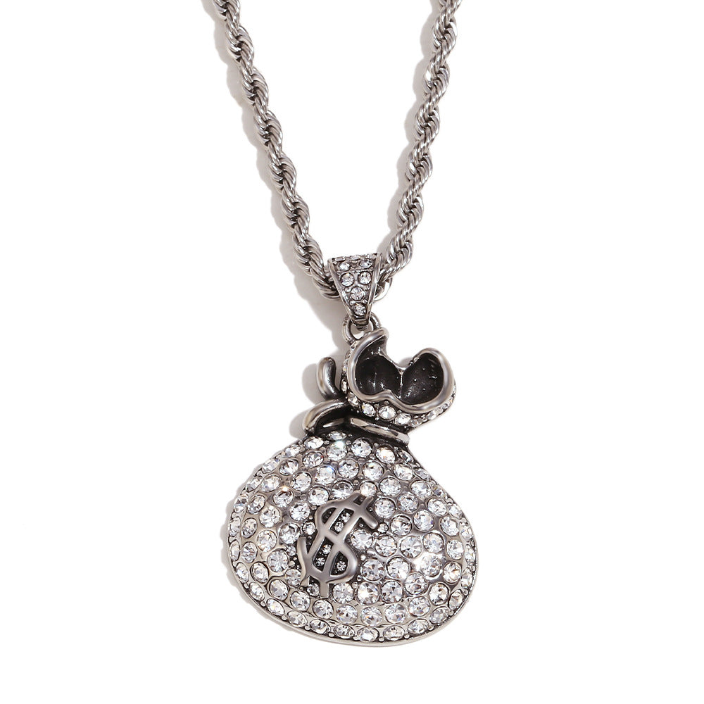 Collar con Colgante de Bolsa de Dinero Geométrico Minimalista para Hombre en Acero Inoxidable con Baño de Oro de 18K y Incrustaciones Completas de Diamantes de Imitación en Cadena Retorcida