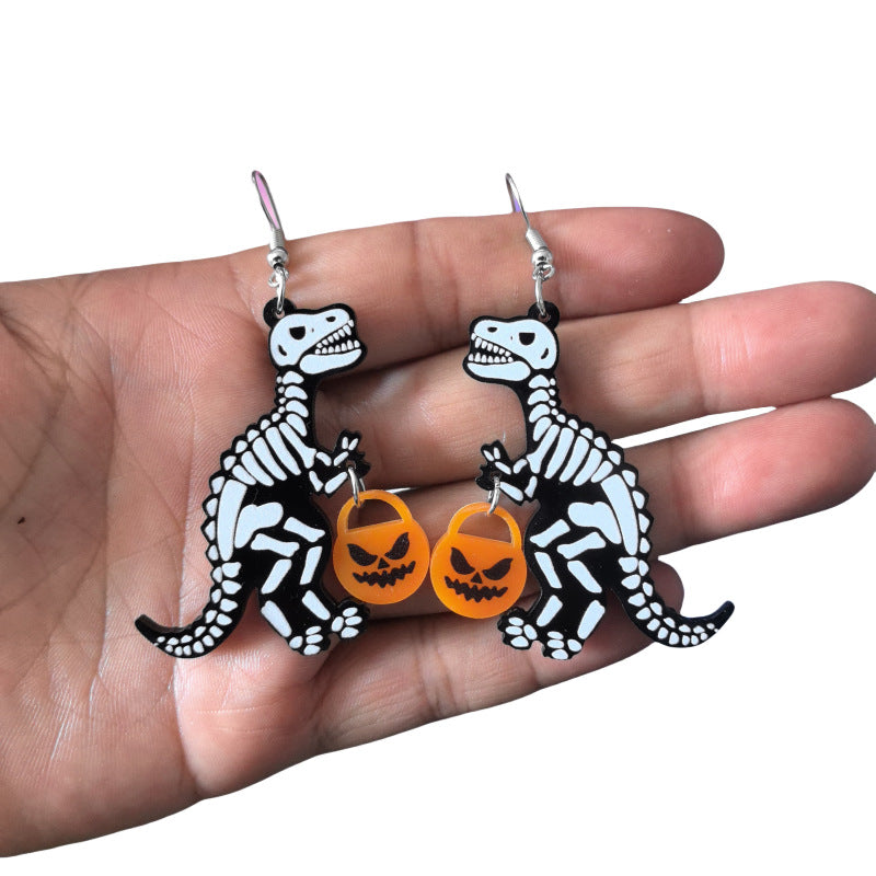Orecchini in acrilico a tema Halloween con motivi di zucca, teschio e dinosauro Stile fumetto Design stampato Gioielli alla moda unisex