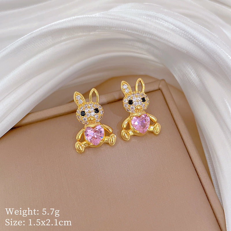Sweet Elegant Geometric Rabbit Rhinestone Plated Titanium Steel Necklace and Earring Set for Women