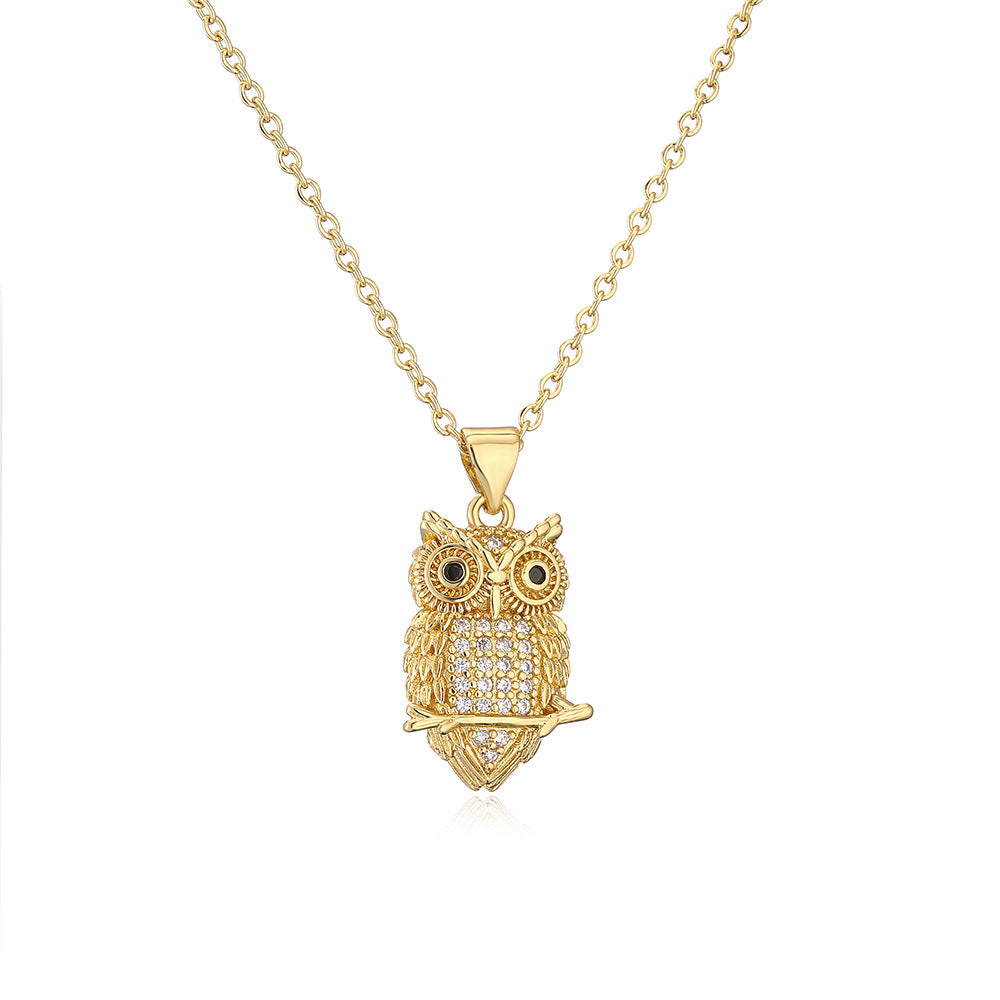 Owl and Bear Pendant Necklace for Women in Copper with 18K Gold Plating and Zircon Inlay, Geometric Shape, Minimalist Luxury Locket Chain