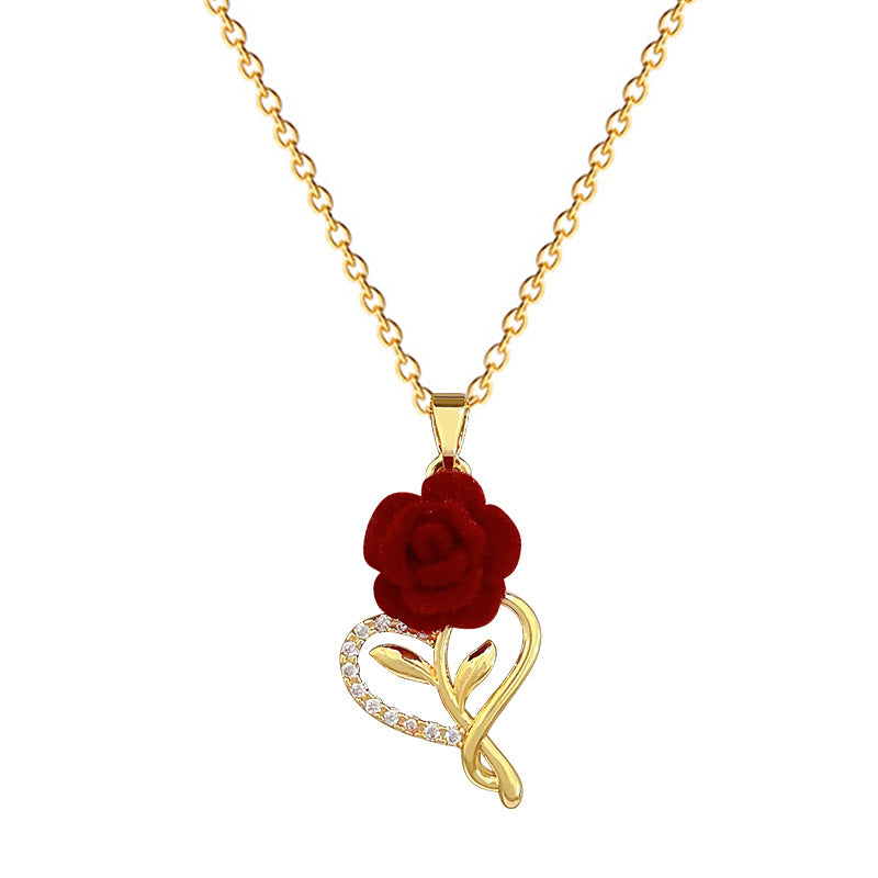 Sweet Elegant Heart Rose Rhinestone Titanium Steel Necklace for Women and Men