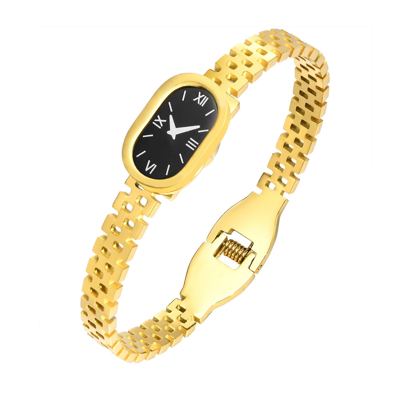 Vintage Stainless Steel Watch Bracelet with Gold Plating for Women Oval Shape Timepiece Jewelry