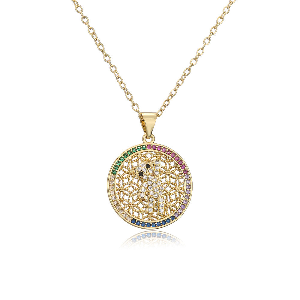 Micro-Inlaid Cubic Zirconia Bear Heart Round Geometric Brass Pendant Necklace with Cable Chain