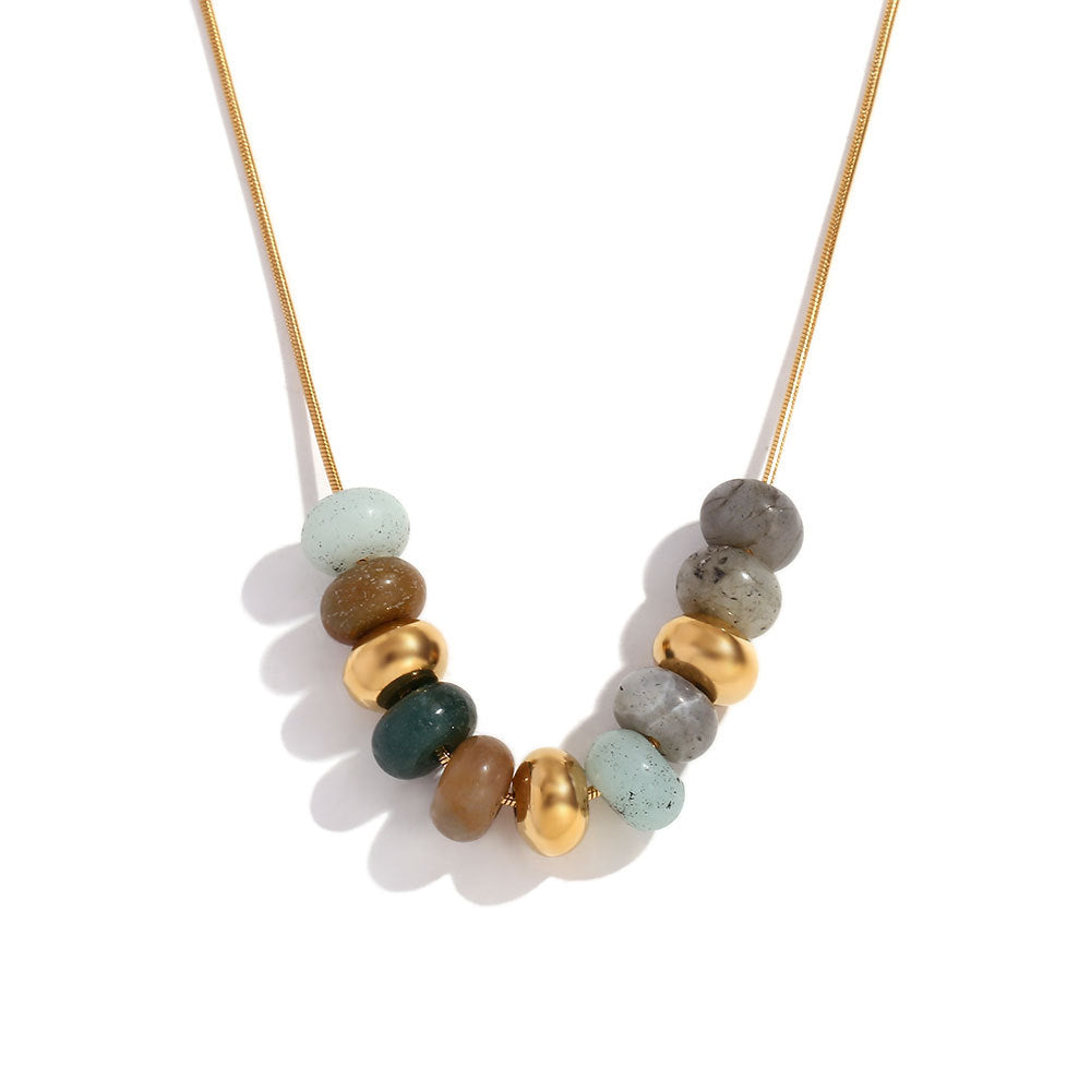 Fashionable Geometric Stainless Steel Plated 18K Gold Necklace for Women with Natural Stone Beads and Snake Chain