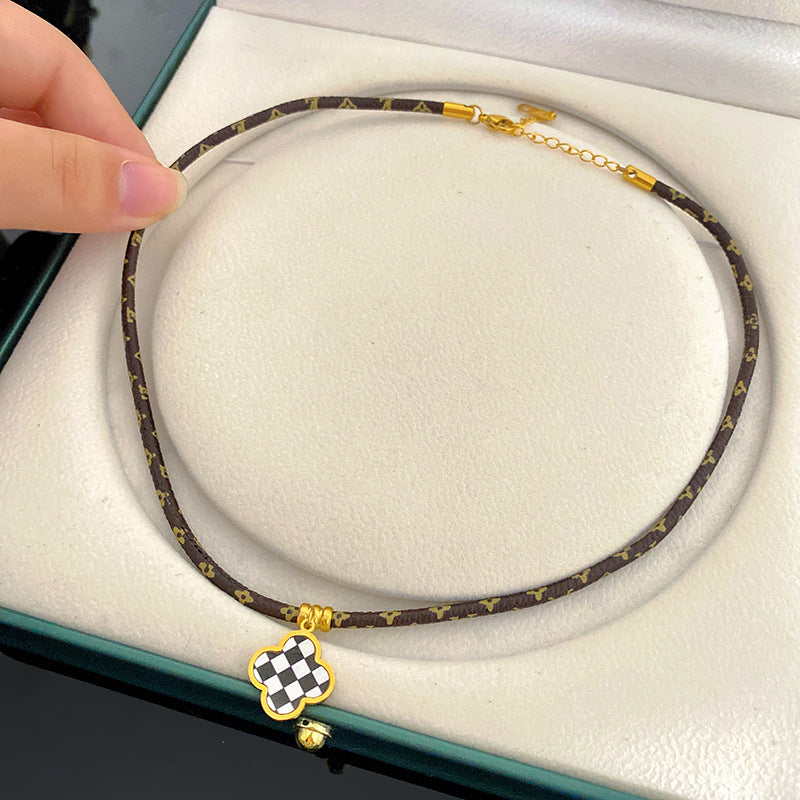 Vintage Geometric Checkered Stainless Steel Clover Pendant Leather Necklace Unisex