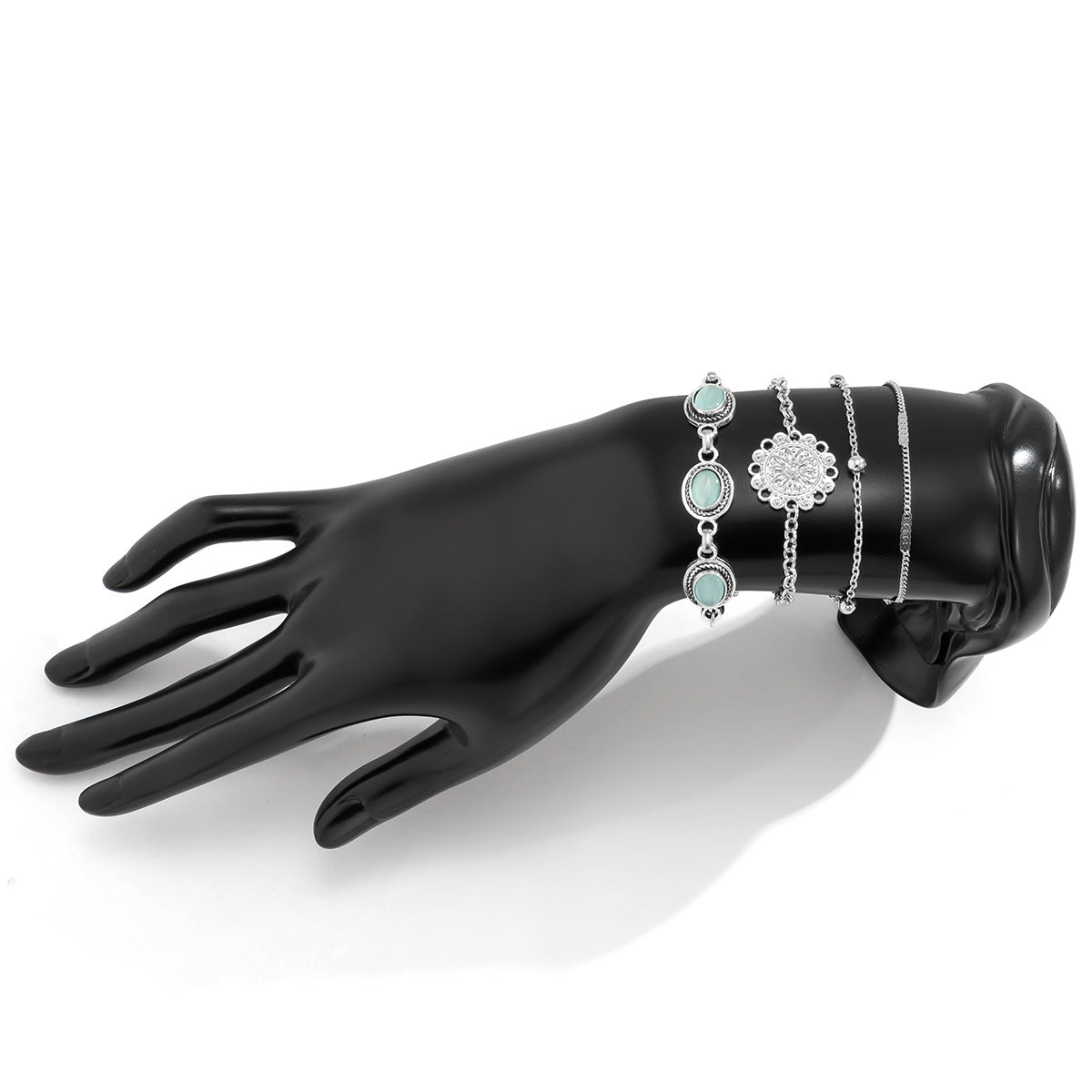 Ethnic Style Geometric Hollow-Out Cat's Eye Stone Stackable Bracelet Set in Alloy with Electroplated Finish