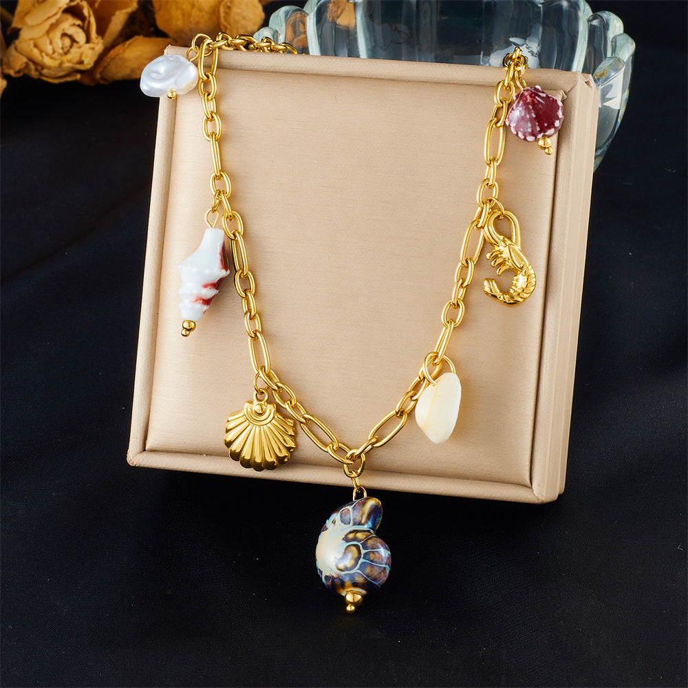 Stainless Steel Plated Star and Shell Pendant Necklace with Cable Chain for Women