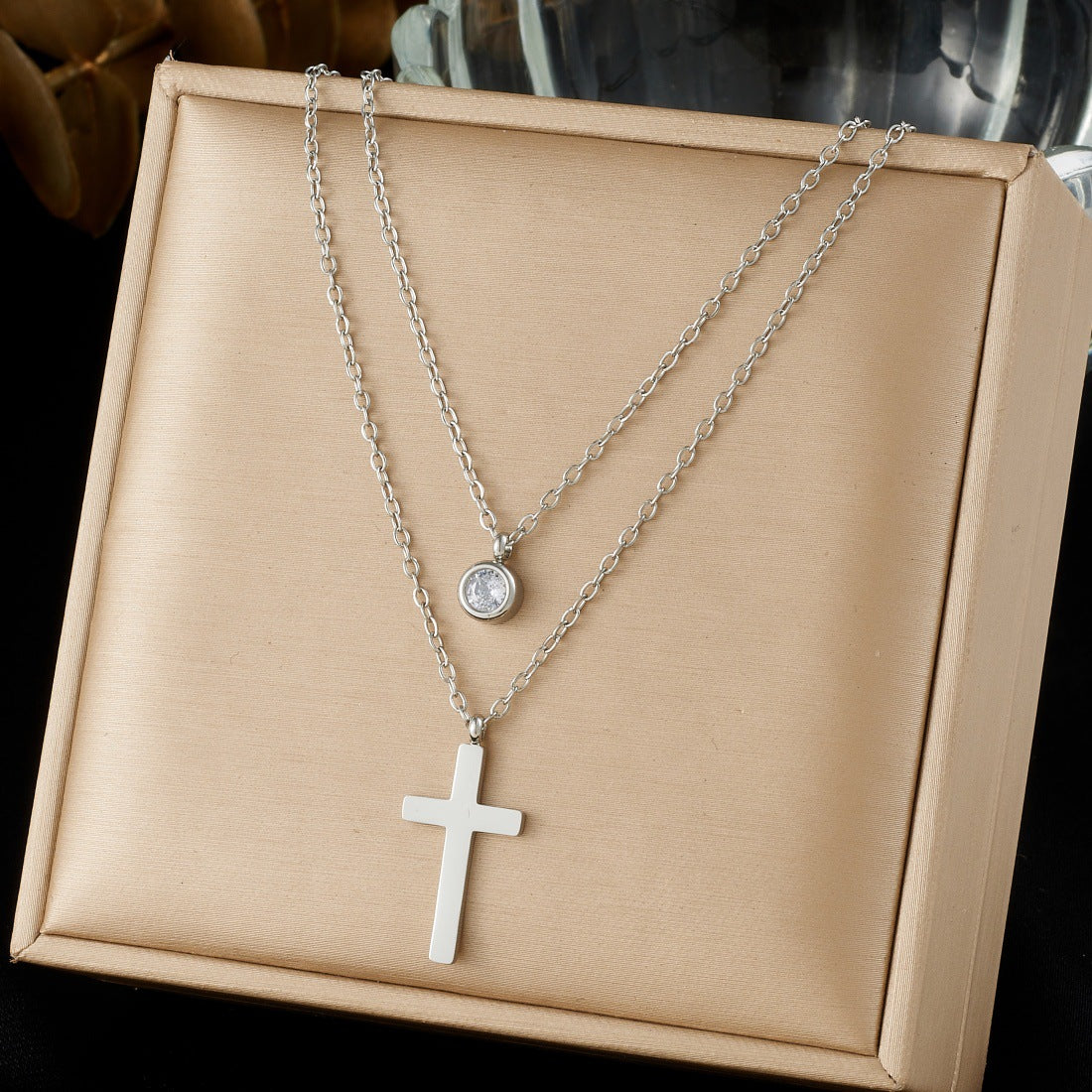 Streetwear Gold Plated Stainless Steel Round Rhinestone Cross Pendant Necklace