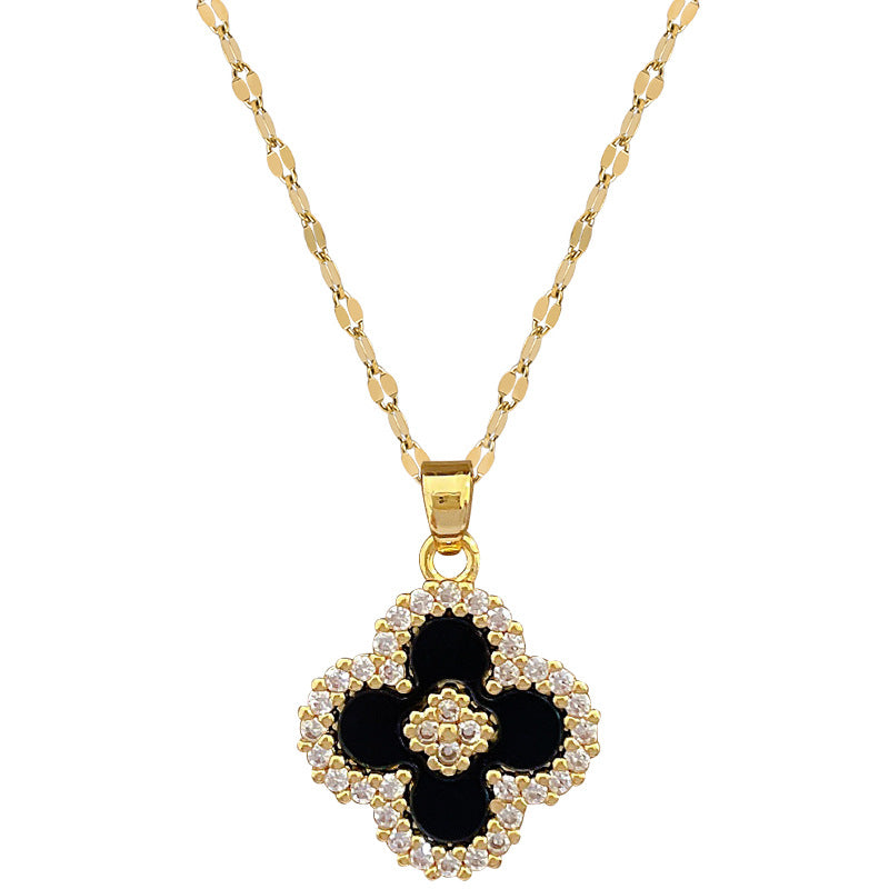 Luxury Clover Flower Rhinestone Pendant Necklace in Titanium Steel Geometric Style for Unisex