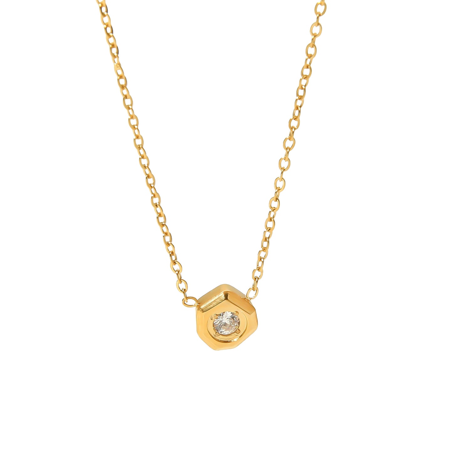 Minimalist Geometric Titanium Steel Pendant Necklace for Women with White Zircon Inlay and 18K Gold Plating