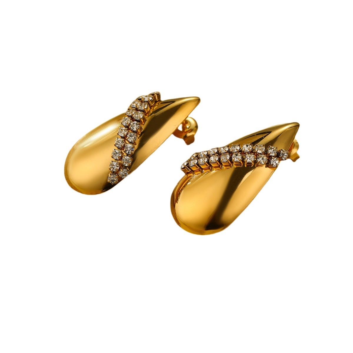 Elegantes aretes de acero titanio con forma de gota de agua para mujer, con incrustaciones de diamantes de imitación y acabado galvanizado