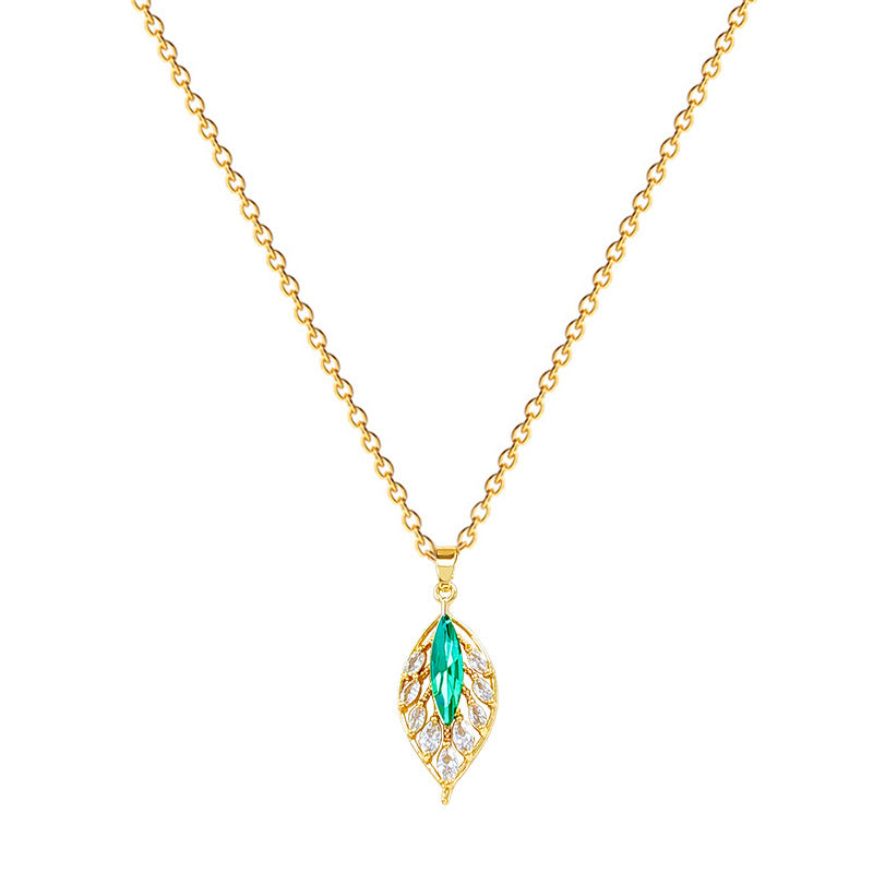 Minimalist Geometric Blue Leaf Pendant Necklace for Women Stainless Steel Locket Chain with Rhinestone Inlay