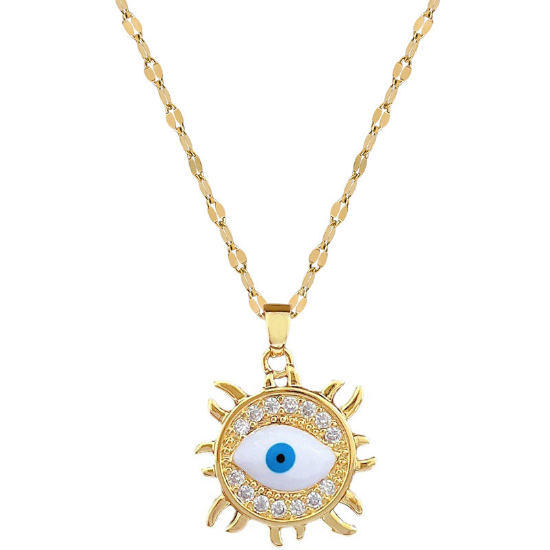 Collar con colgante de ojo turco geométrico minimalista para mujer y hombre, cadena de serpiente de acero inoxidable con incrustaciones de diamantes de imitación
