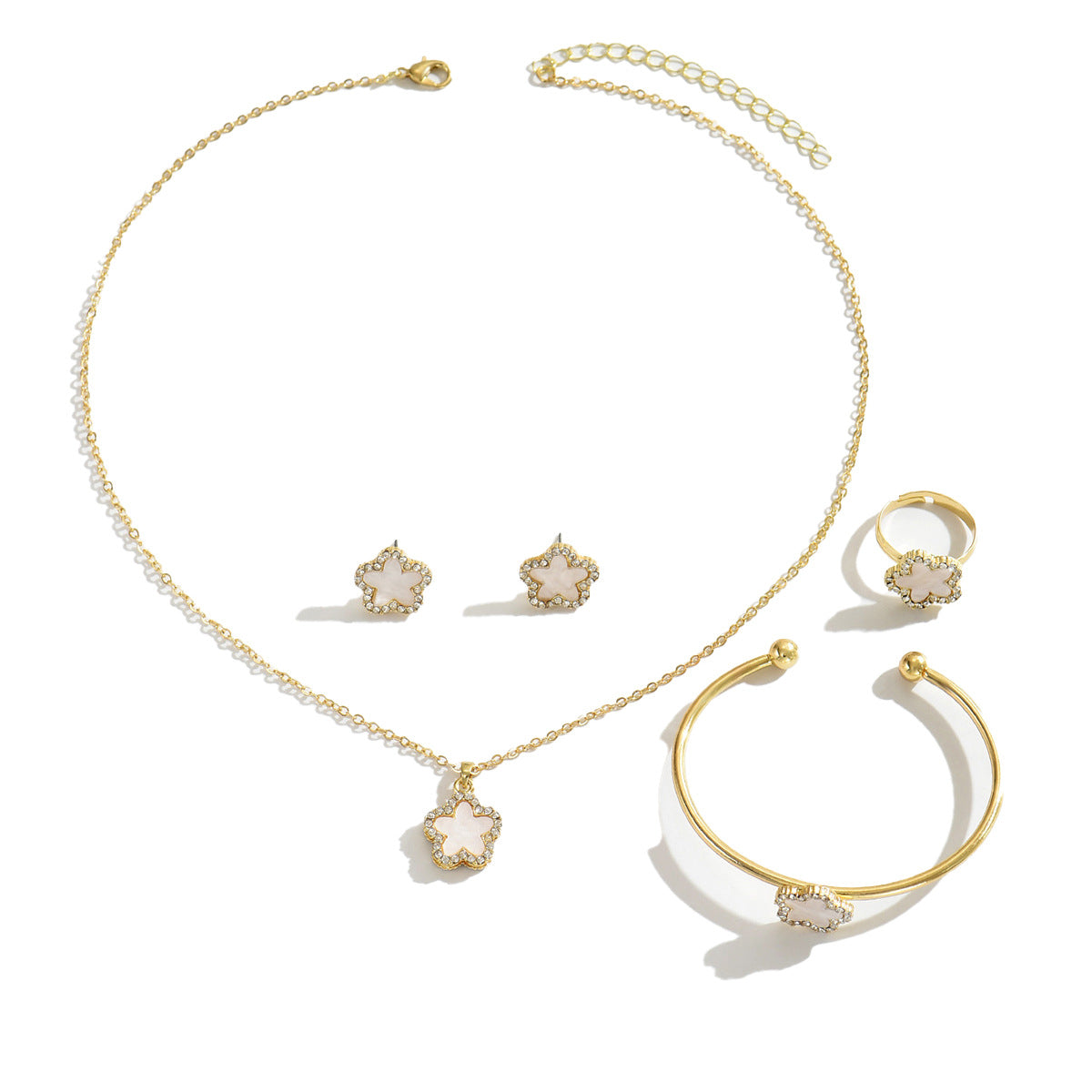 Set di Collana, Orecchini e Anello da Donna in Lega con Inlay di Strass, Motivo Floreale Geometrico, per un Look Elegante Quotidiano