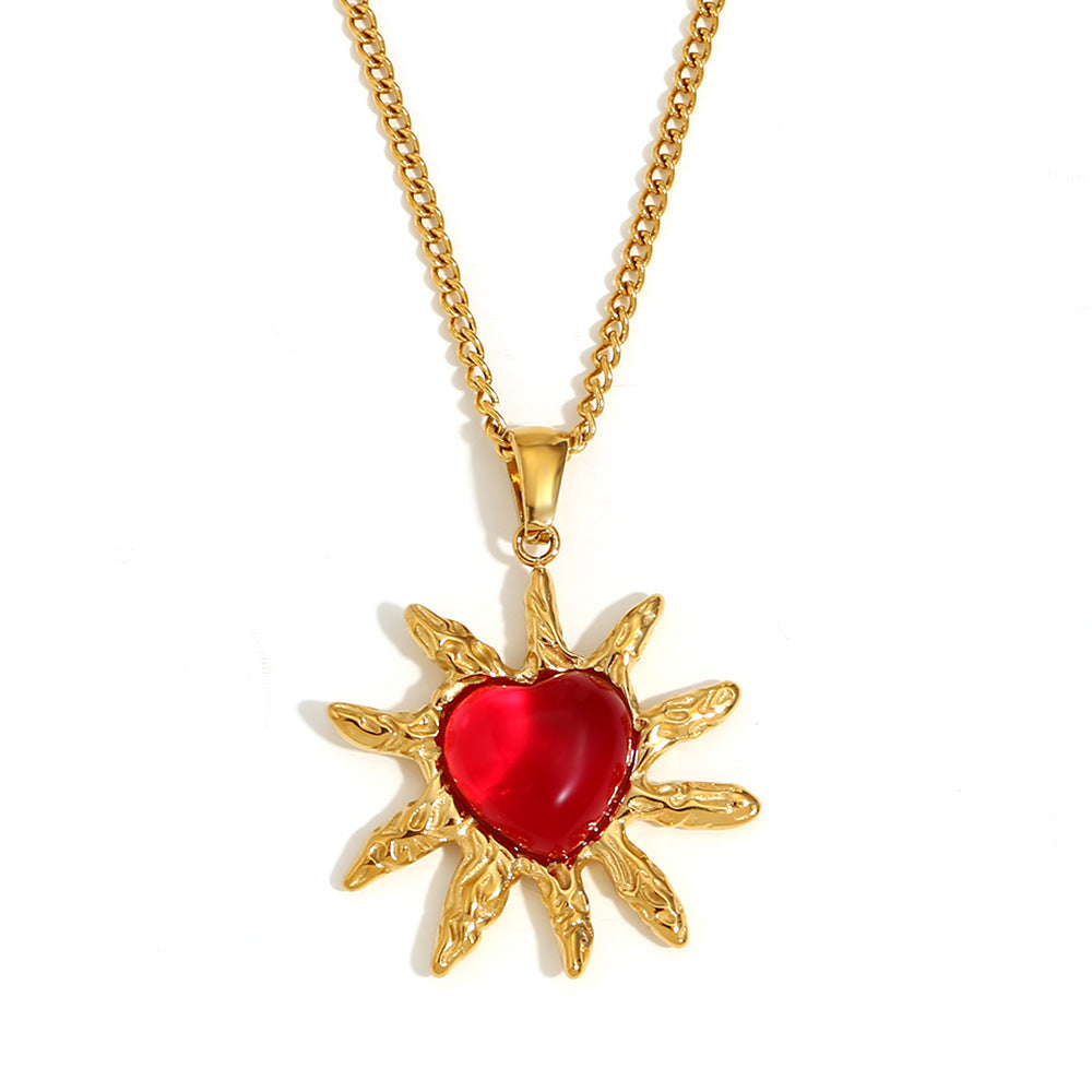 Collana da donna alla moda minimalista a forma di cuore in acciaio inossidabile placcato oro 18 carati con agata rossa e design a raggiera