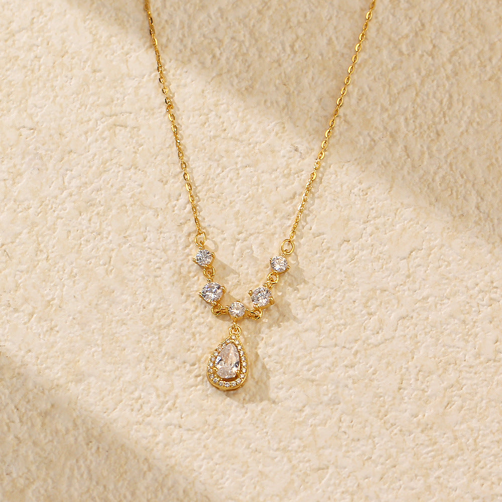 Elegante Collana Pendente Geometrico a Goccia con Strass in Argento Sterling 925 con Catena Curb per Donna