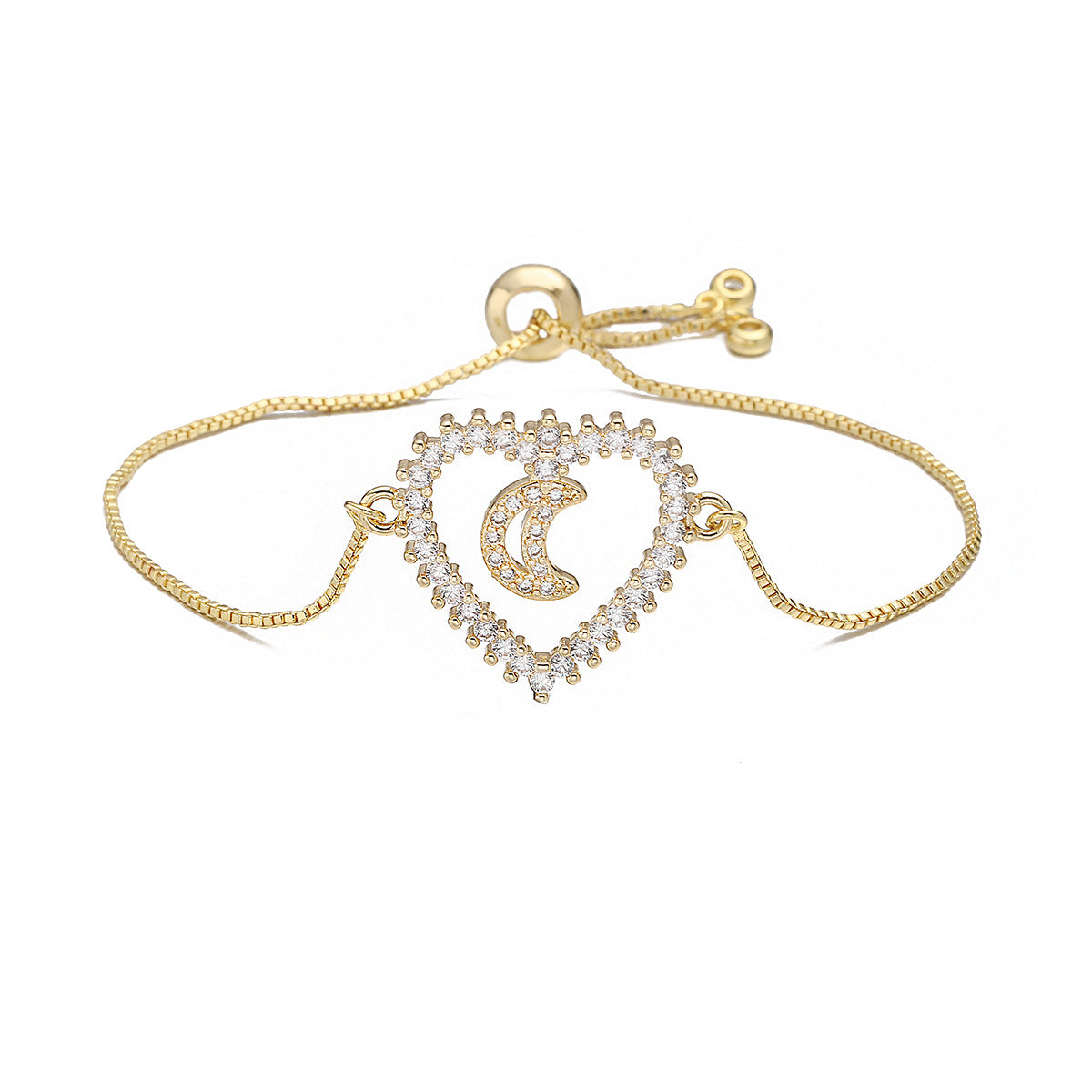 Minimalist Luxury 18K Gold Plated Brass Heart Star Moon Geometric Bracelet with Cubic Zirconia for Women