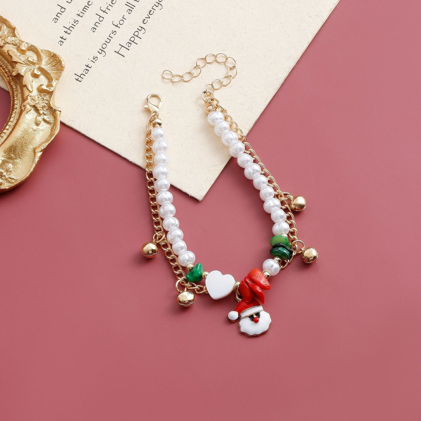 Original Design Christmas Santa Head Pearl Bracelet with Heart and Bell Charms, Dual-Layer Minimalist Jewelry for Women and Men