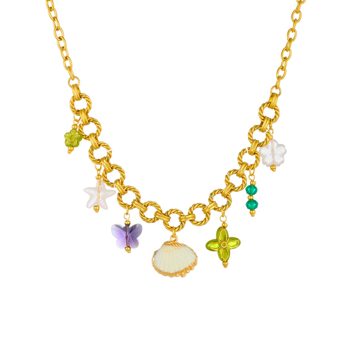 Luxury Gold Plated Stainless Steel Cable Chain Necklace with Butterfly Flower Star Acrylic Pendant for Women