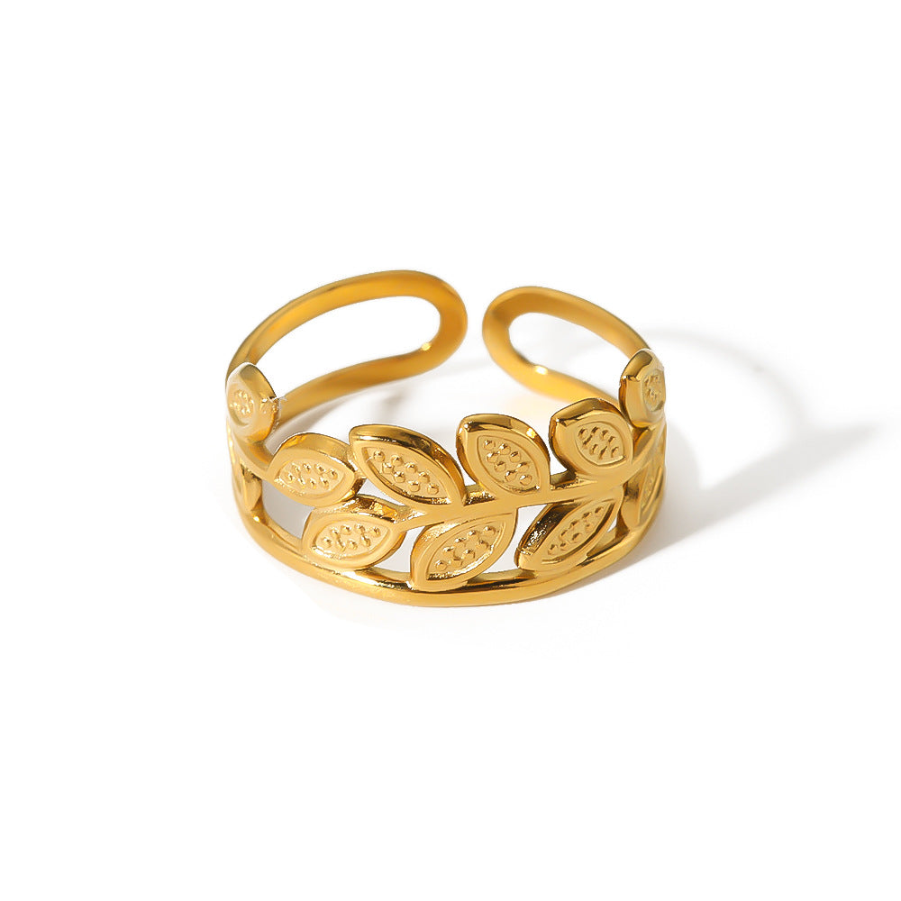 Minimalist Geometric Hollow Leaf Stainless Steel Ring with 18K Vacuum Plating for Women