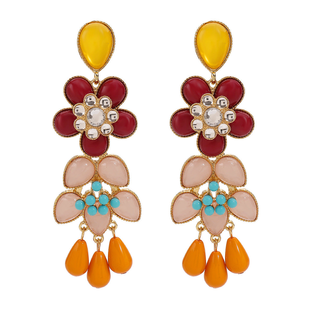 Aretes colgantes llamativos de resina floral bohemia con detalles de diamantes de imitación y postes de acero inoxidable