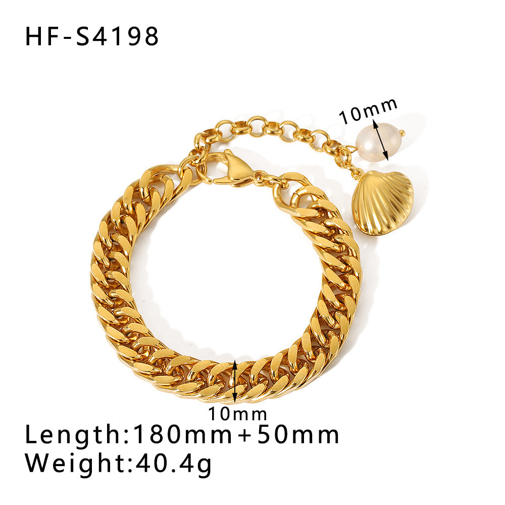 Geometric Style Gold Plated Stainless Steel Double Layer Cuban Bracelet with Pearl and Shell Accents Beach Inspired Unisex Bracelet