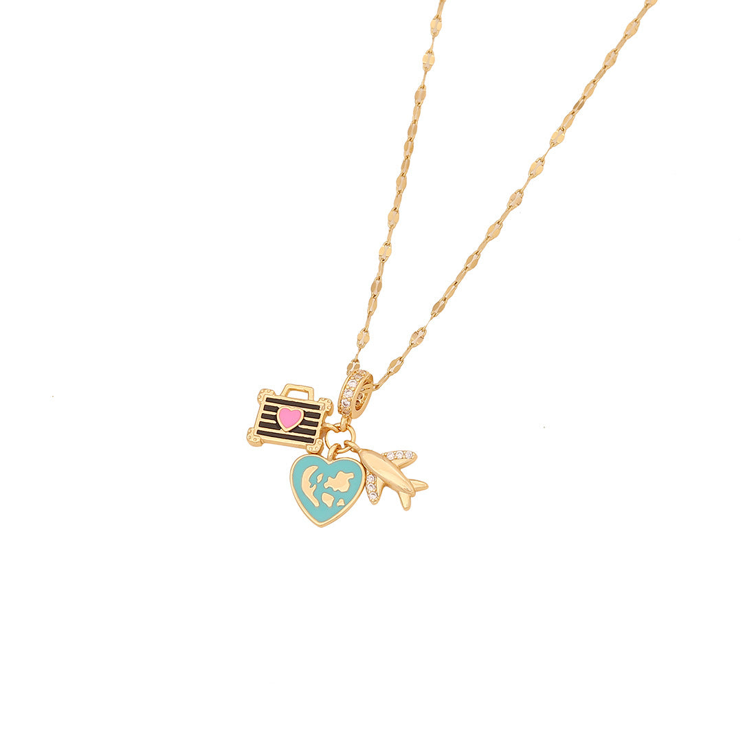 Fashionable Heart-Shaped Enamel Airplane Earth Camera Pendant Necklace in Copper for Women