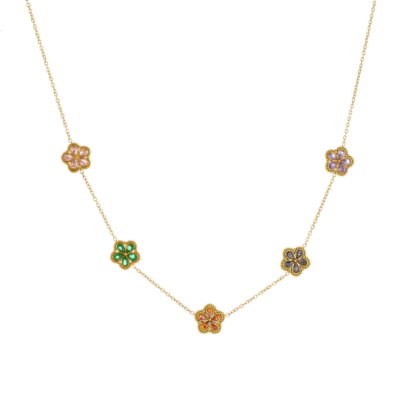 Vintage Elegant Gold Plated Stainless Steel Flower Rhinestone Pendant Necklace Set