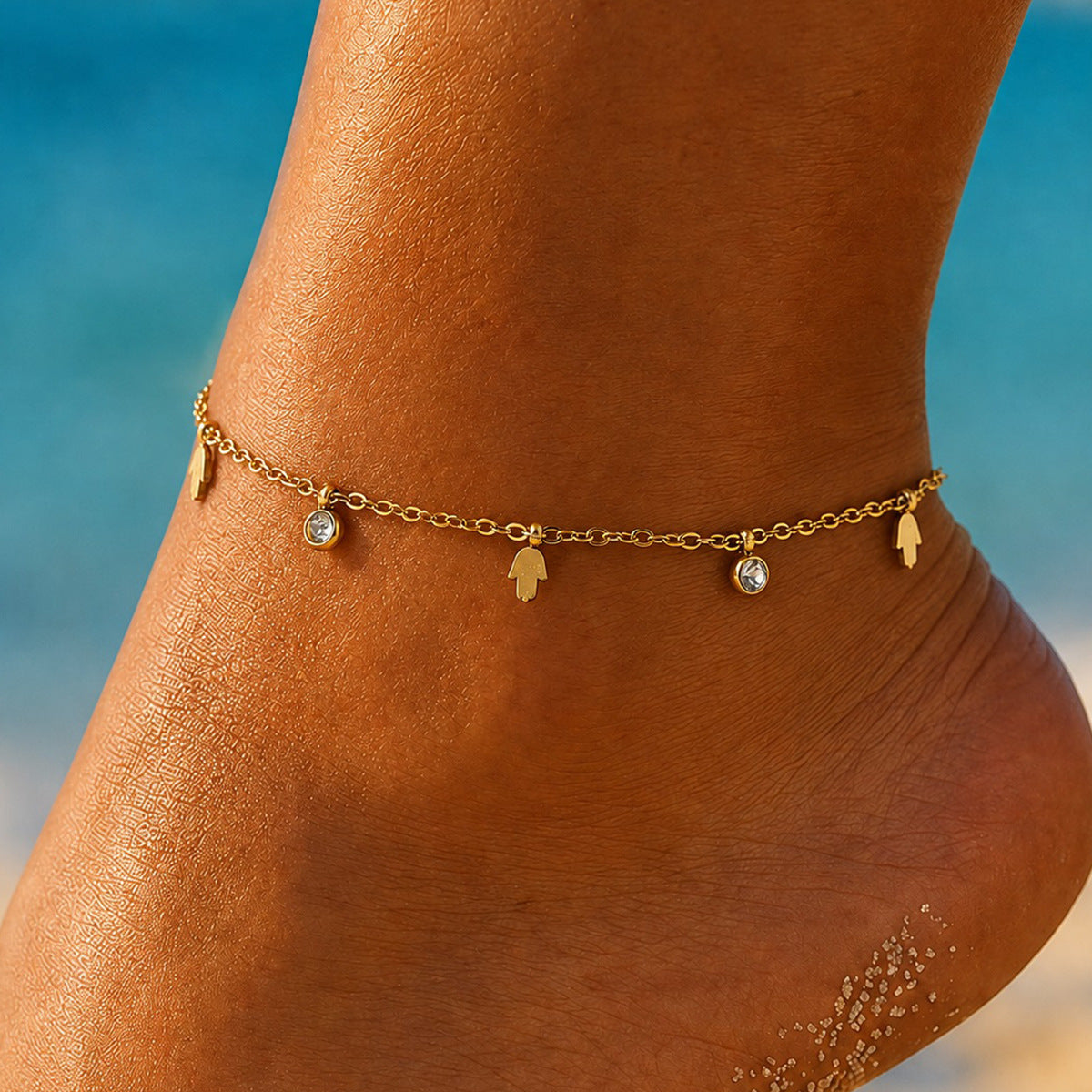 Minimalist 18K Gold Plated Stainless Steel Star Moon Geometric Rhinestone Anklet for Women