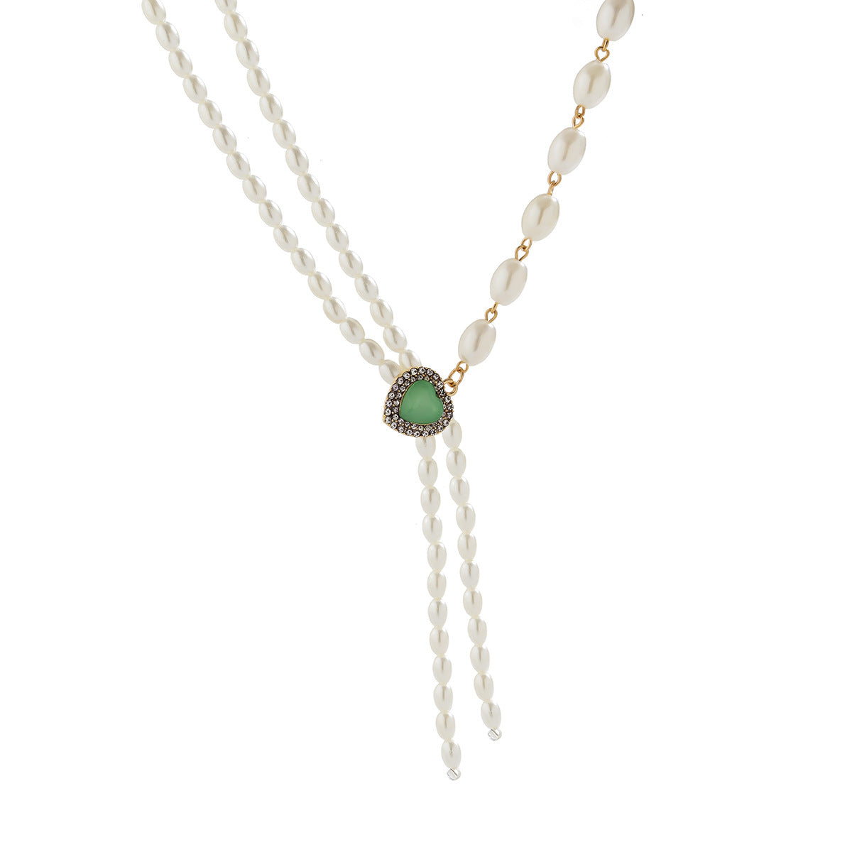 Vintage Elegant Heart Shape Alloy Plated Imitation Pearl Tassel Necklace with Ball Chain for Women