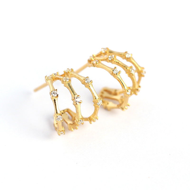 Minimalist Geometric Three-Tier Bamboo-Inspired C-Shaped Rhinestone-Set S925 Sterling Silver Hoop Earrings
