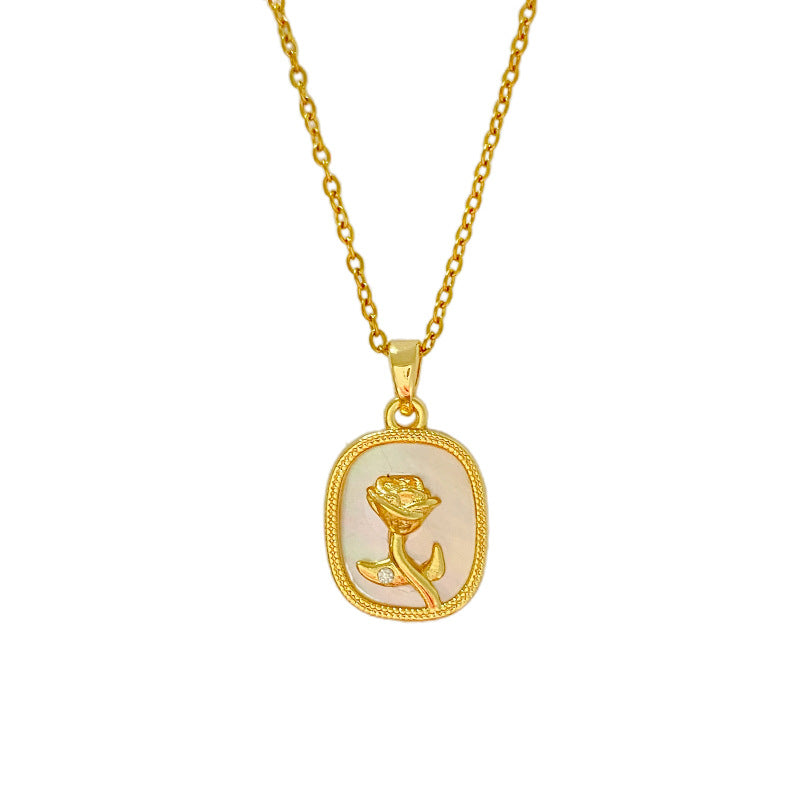 Minimalist Gold Plated Drip Oil Floral Rose Pendant Titanium Steel Necklace for Unisex
