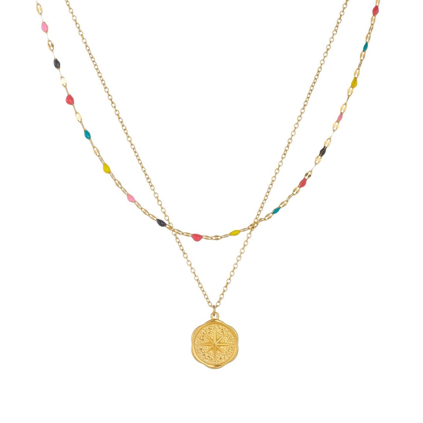 Minimalist Double Layer Colorful Drip Oil Eight-Pointed Star Round Stainless Steel Necklace for Women