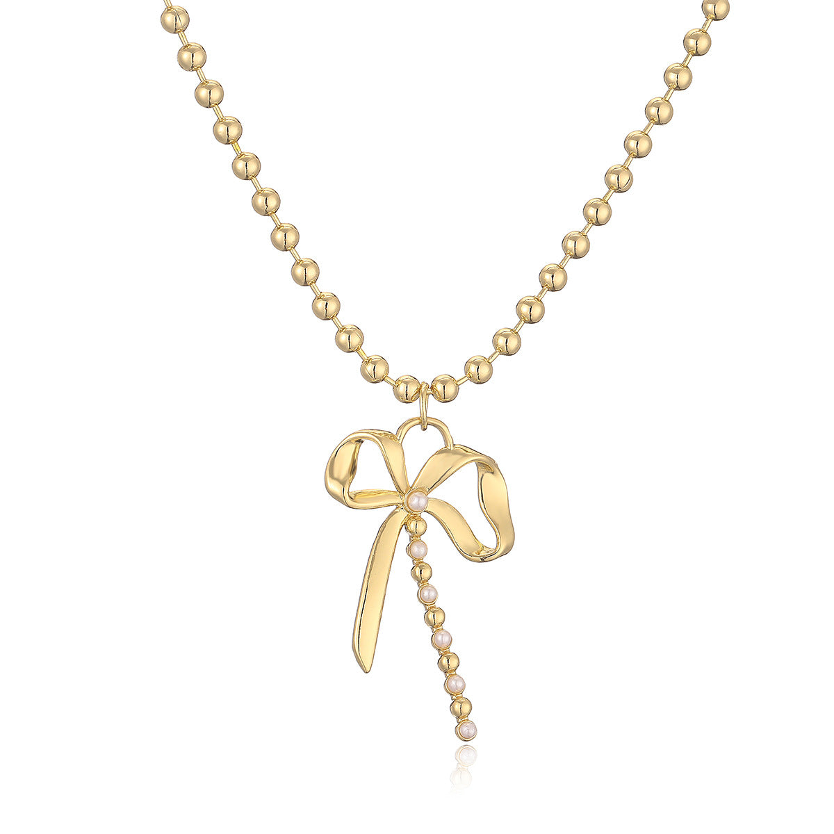 Collana da donna minimalista con fiocco, intarsio di perle e catena placcata oro in rame