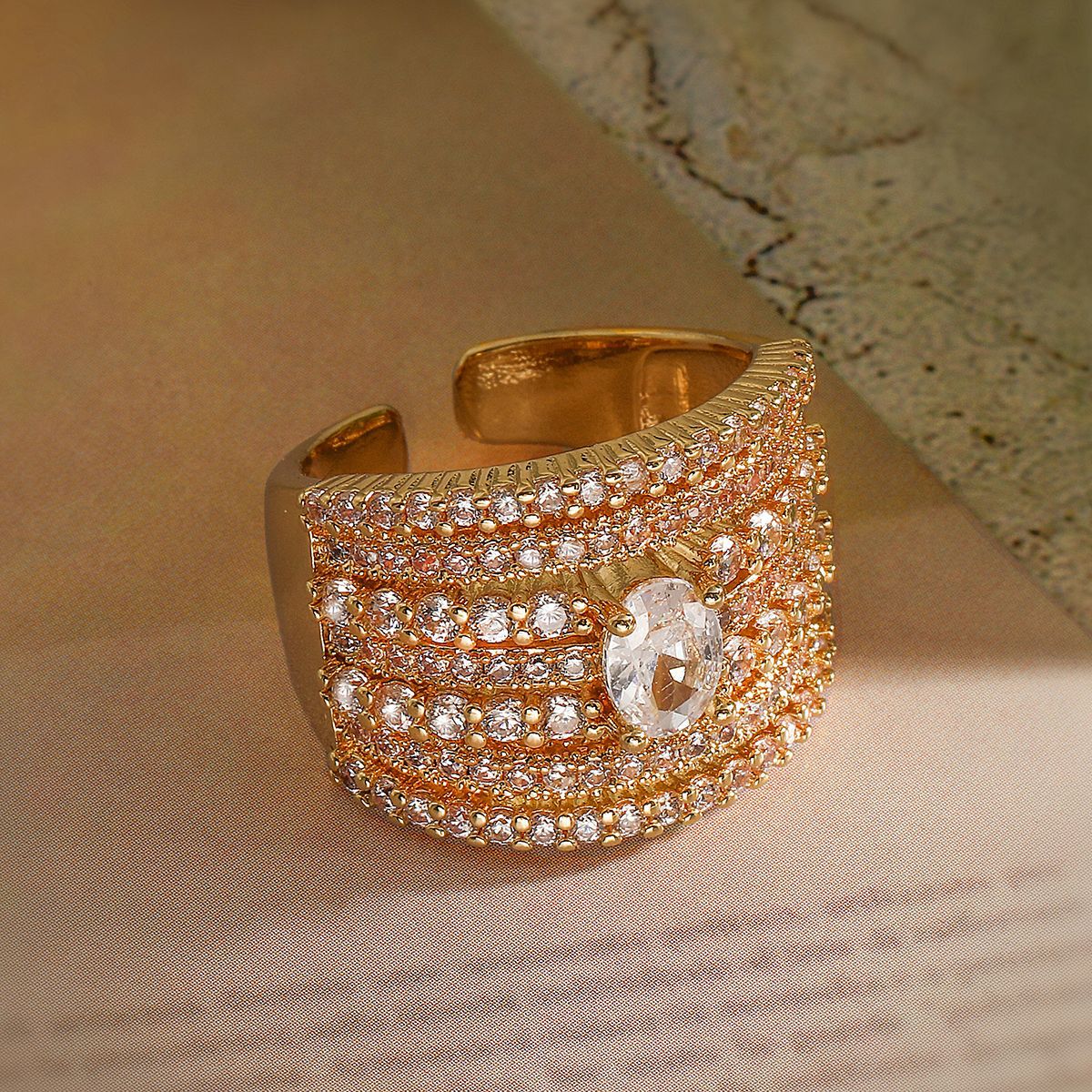 Minimalist Geometric Open Ring for Women in Brass with Real Gold Plating and Zircon Inlay