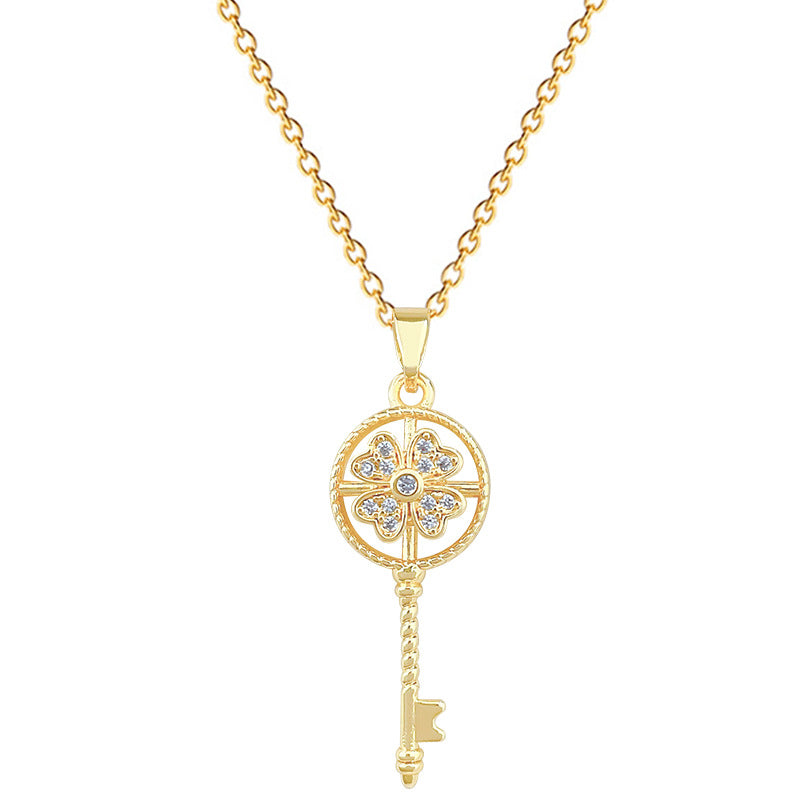 Sweet Geometric Moon Rhinestone Inlaid Brass Pendant Titanium Steel Necklace for Unisex