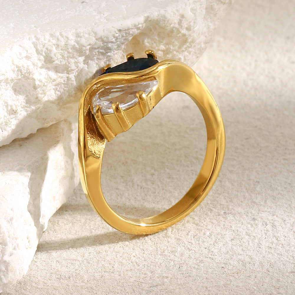 Anello da donna in acciaio inossidabile placcato oro 18 carati con zircone a goccia Tai Chi, geometrico e minimalista