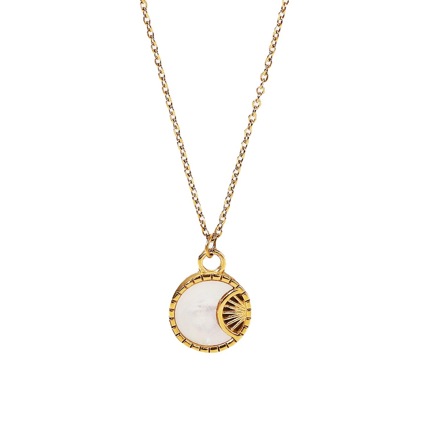 Minimalist Moon-Shaped White Abalone Pendant Necklace in Stainless Steel with 18K Gold Plating for Women
