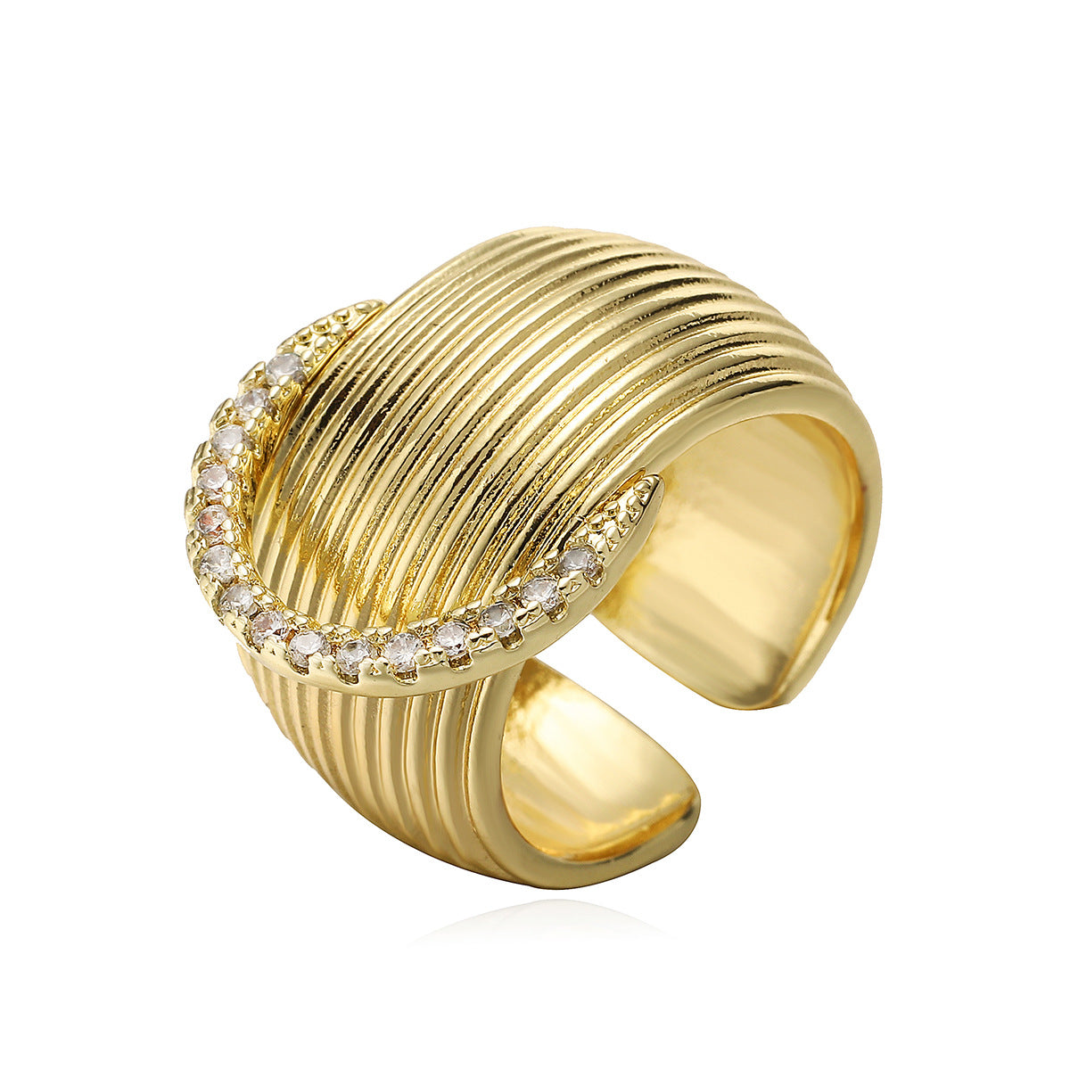 Vintage Geometric Wide Band Ring for Women in Copper with 18K Gold Plating and Zircon Inlay