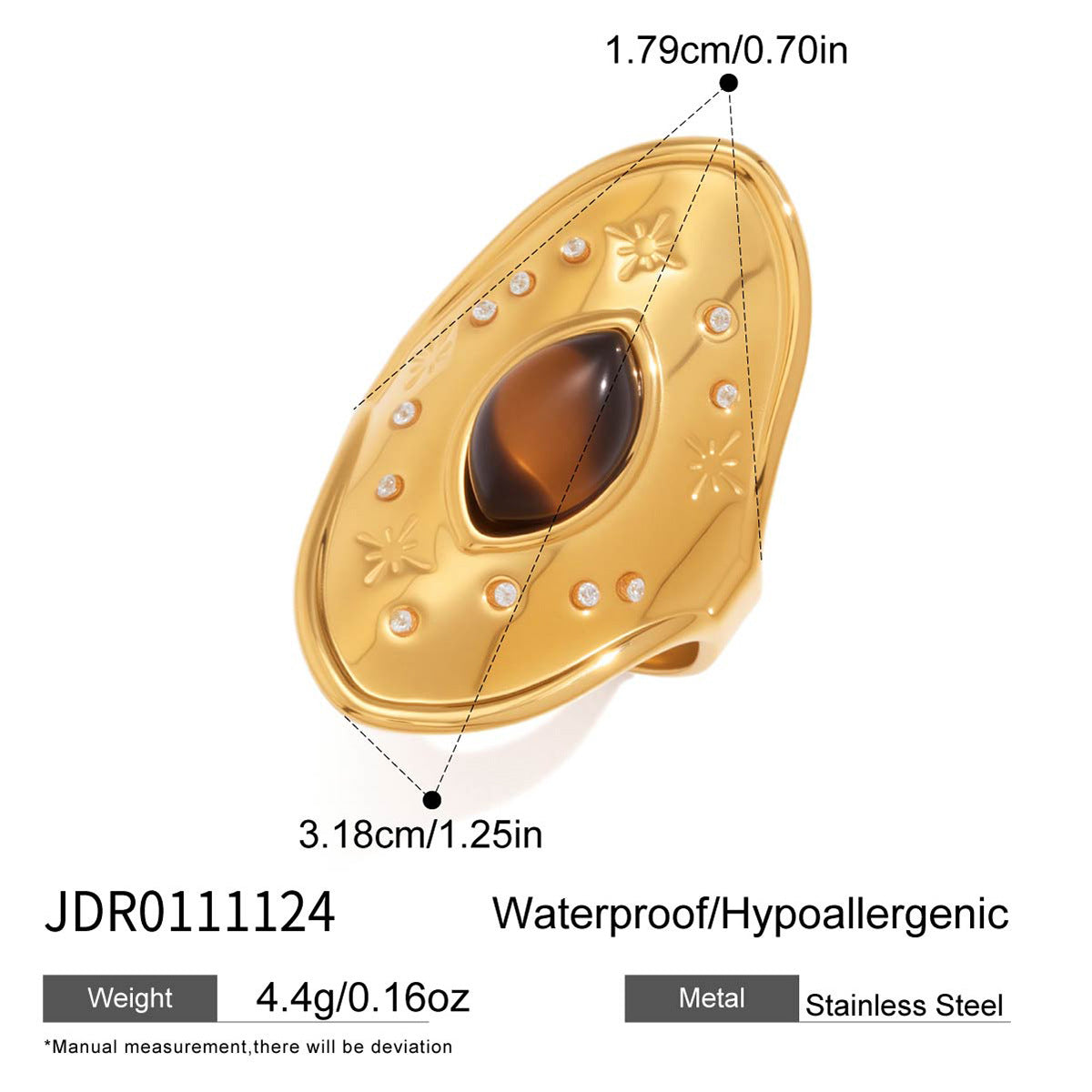 Fashion Geometric Round Tiger's Eye Stainless Steel Ring with 18K Gold PVD Finish for Women