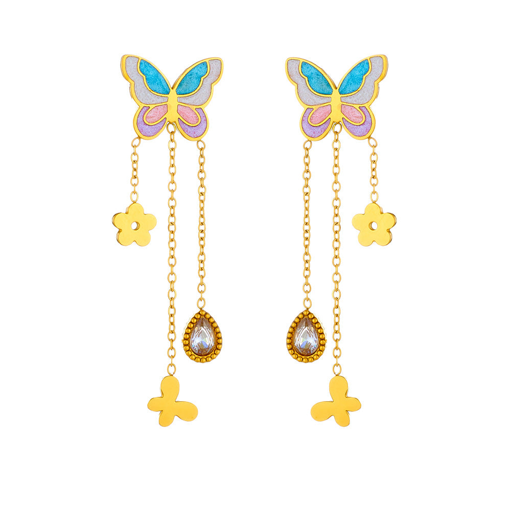 Orecchini a farfalla in stile cartoon, con smalto a colore sfumato, gocce intarsiate con strass, catena a nappa e perni in acciaio inossidabile
