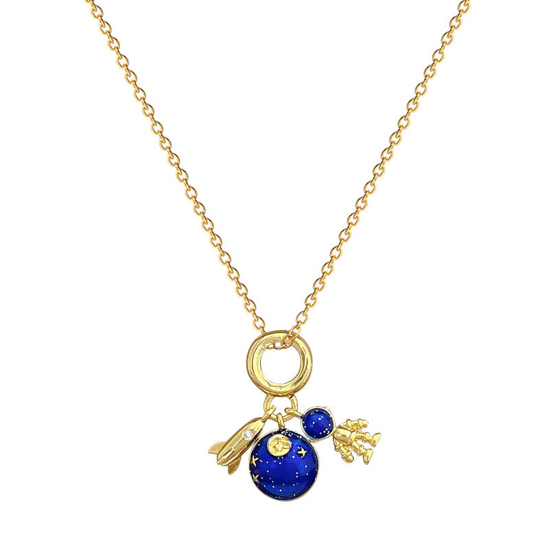 Sweet Elegant Geometric Rhinestone Planet Rocket Pendant Titanium Steel Necklace for Unisex