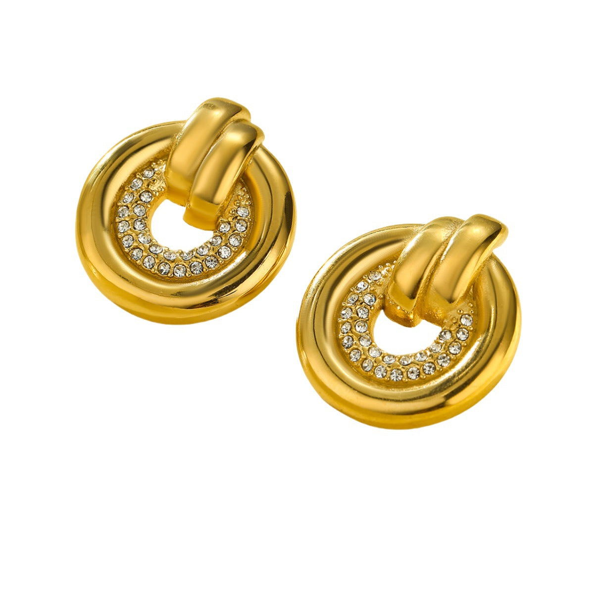 Orecchini a Cerchio Rotondi Stile Vintage in Acciaio Inossidabile con Placcatura in Oro 18K e Intarsio di Zirconi