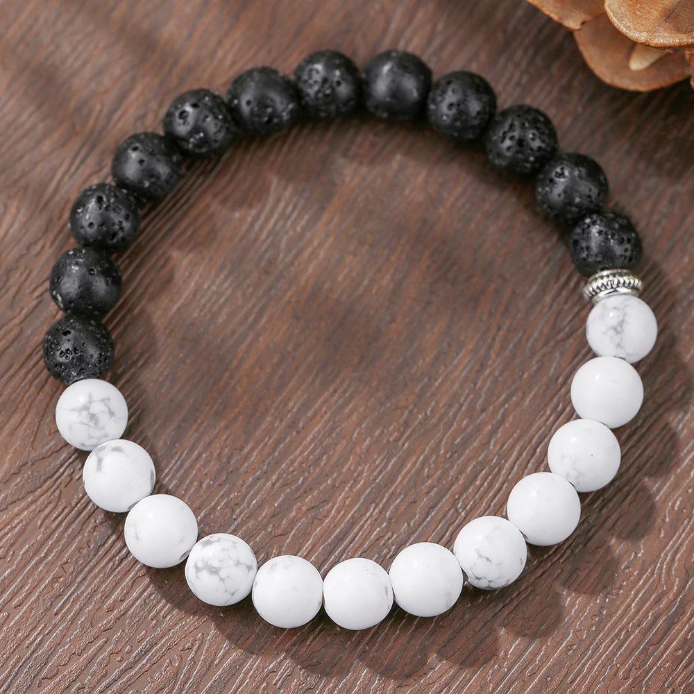 Men's Matte Black Obsidian and Volcanic Stone Beaded Bracelet Square Round Geometric Unisex Jewelry