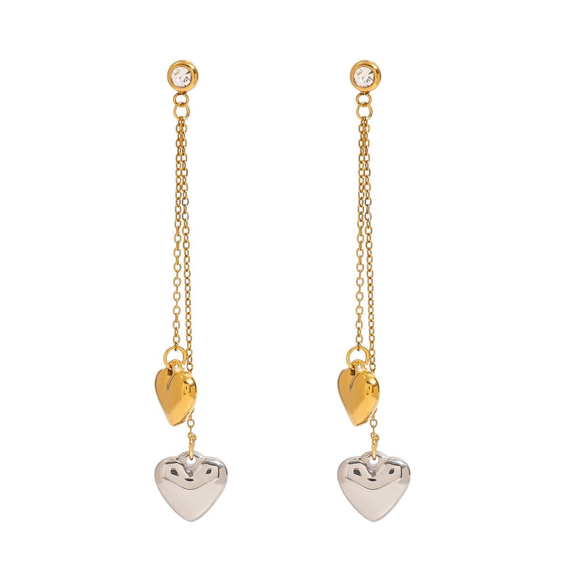 Aretes colgantes elegantes de acero inoxidable con forma de corazón y acabado chapado para mujer
