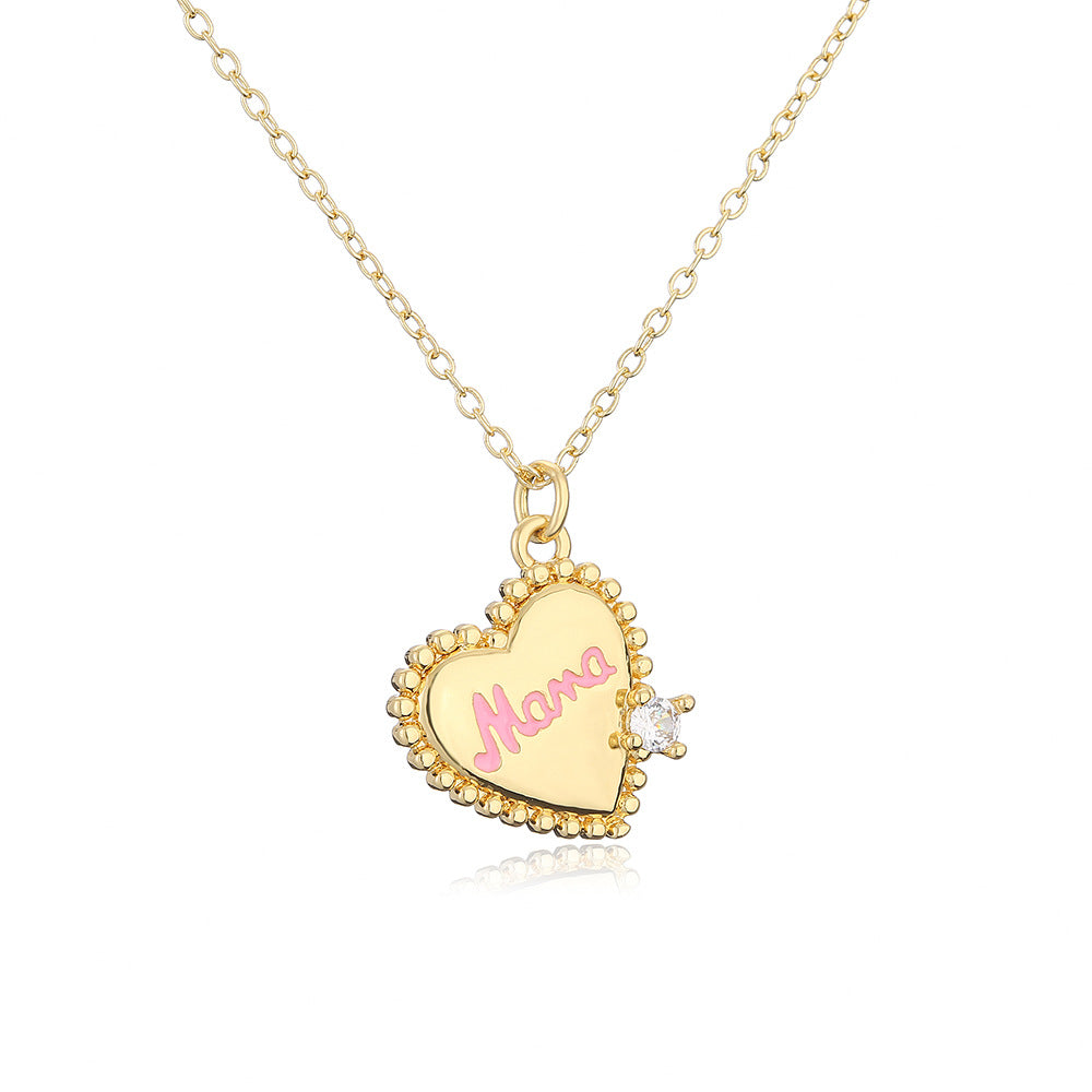Minimalist MAMA Heart Pendant Necklace for Women with Copper Base Plated in 18K Gold and Zircon Inlay
